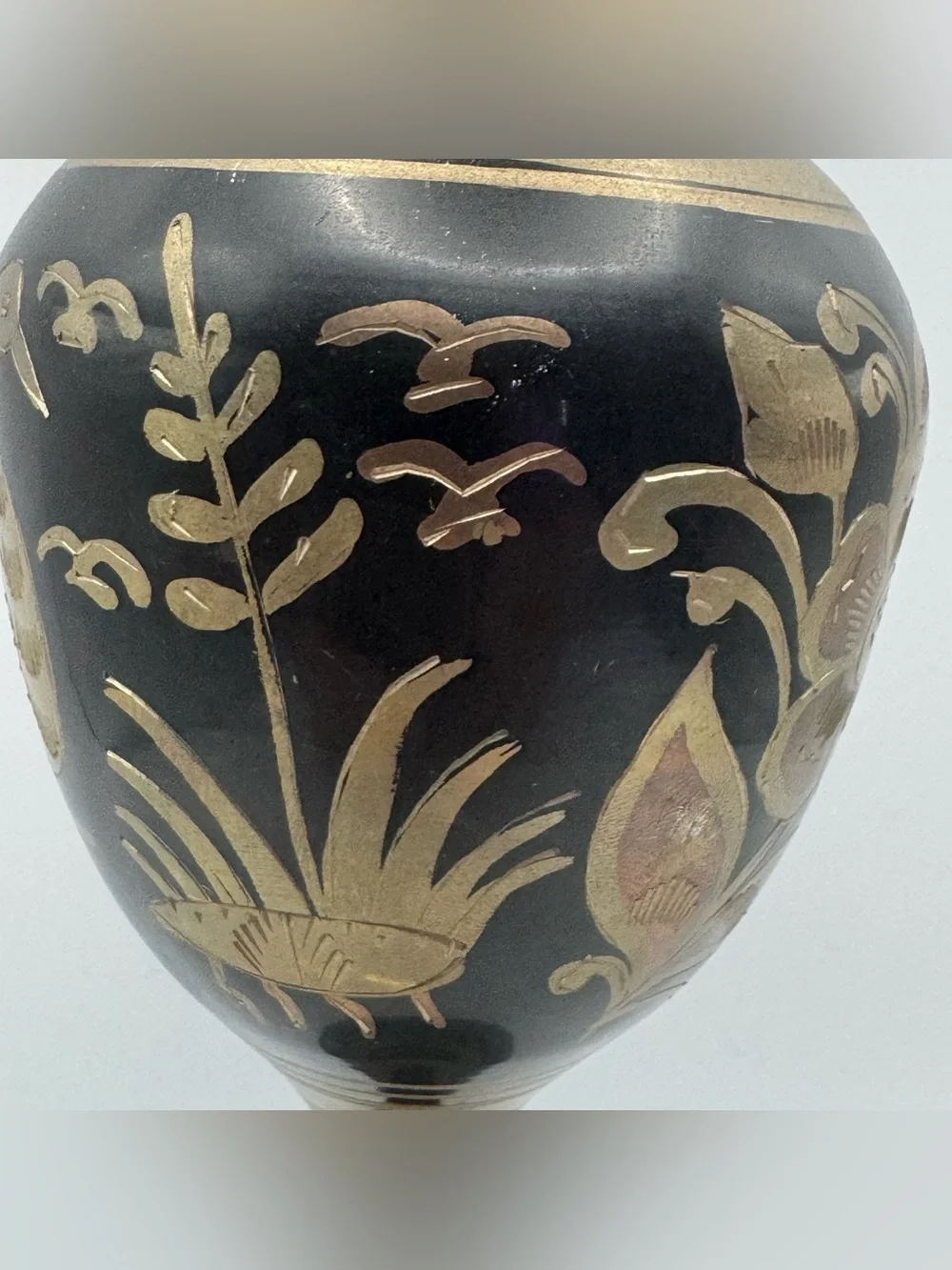 Vintage Indian Brass Vase Black Enamel Engraved Birds Floral Pedestal